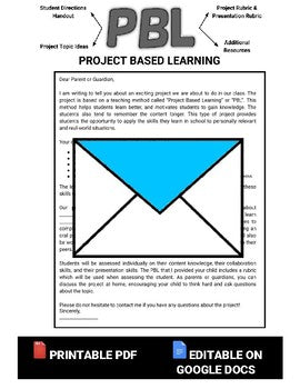 Project Based Learning Letter to Parents (Editable in Google Docs) - Roombop