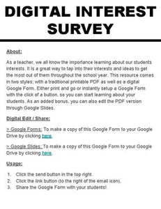 Digital Interest Survey Back To School (Editable on Google Forms) Distance Learn - Roombop