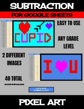 Valentine's Day - Digital Pixel Art, Magic Reveal - SUBTRACTION - Google Sheets