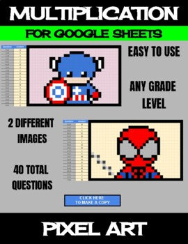 Super Heros - Digital Pixel Art, Magic Reveal - MULTIPLICATION - Google Sheets