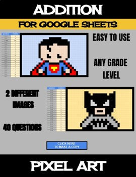 Super Heros - Digital Pixel Art, Magic Reveal - ADDITION - Google Sheets